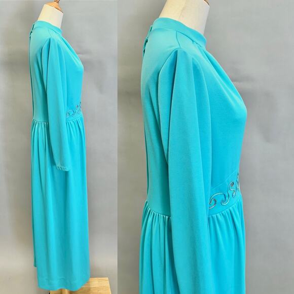 Vintage 60s/70s Turquoise Blue Keyhole Front Maxi Dress High Neck Size 18 - Picture 2 of 16